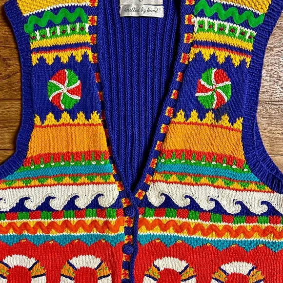 Marisa Christina ~ Large ~ Hand Knitted ~ Orange/Yellow/Blue ~ Ocean/Fish ~ Vest - Picture 7 of 16
